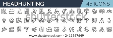 Set of 45 outline icons related to recruitment, employment. Linear icon collection. Editable stroke. Vector illustration