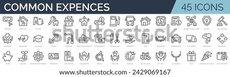 Set of 45 outline icons related to common monthly expenses. Linear icon collection. Editable stroke. Vector illustration