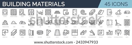 Set of 45 outline icons related to building materials. Linear icon collection. Editable stroke. Vector illustration