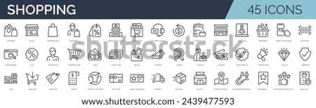 Set of 45 outline icons related to shopping. Linear icon collection. Editable stroke. Vector illustration