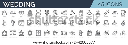 Set of 45 outline icons related to wedding. Linear icon collection. Editable stroke. Vector illustration