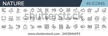 Set of 45 outline icons related to nature. Linear icon collection. Editable stroke. Vector illustration