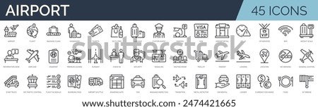 Set of 45 outline icons related to airport. Linear icon collection. Editable stroke. Vector illustration