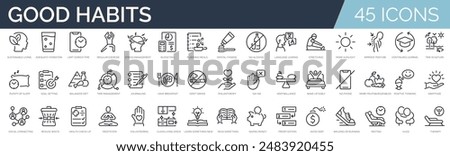 Set of 45 outline icons related to good habits. Linear icon collection. Editable stroke. Vector illustration