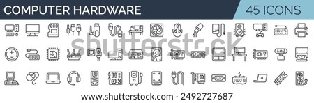 Set of 45 outline icons related to pc, laptop, computer hardware component . Linear icon collection. Editable stroke. Vector illustration