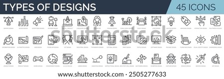 Set of 45 outline icons related to design. Linear icon collection. Editable stroke. Vector illustration