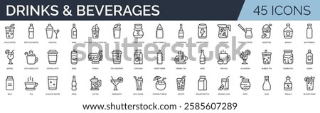 Set of 45 outline icons related to drink and beverages.  Linear icon collection. Editable stroke. Vector illustration	