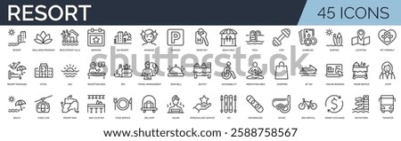 Set of 45 outline icons related to resort. Linear icon collection. Editable stroke. Vector illustration