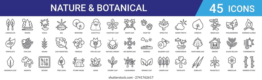 Set of 45 outline nature and botanical icons including sol, season, grains, yucca, amanita, yew leaf, woods. Vector line icons for web and mobile