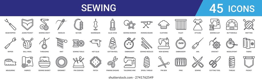 Set of 45 outline sewing and tailoring icons including needles, thread, fabric, embroidery, knitting tools. Editable stroke vector line icons for web and mobile design