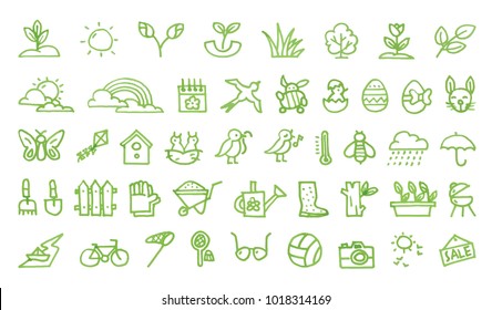 Set of 45 spring handdrawn green icons drawn with a felt-tip pen