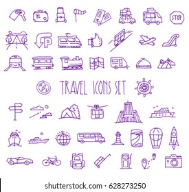 Set of 45 travel hand drawn vector blue icons drawn with a felt-tip pen