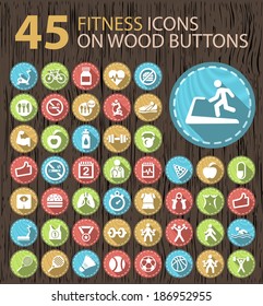 Set of 45 Universal Contemporary Flat Fitness White Icons on Wood Vintage Buttons.
