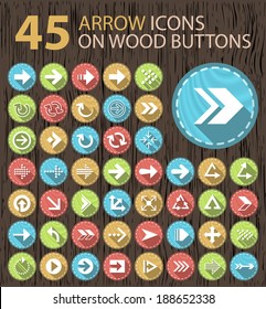 Set of 45 Universal Contemporary Minimal Flat Arrow White Icons on Circular Wood Vintage Buttons.