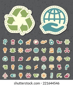 Set of 45 Universal Standard New Color Ecology Icons Paper Cut Style on Black Background.