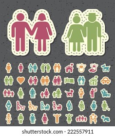 Set of 45 Universal Standard New Color Family Icons Paper Cut Style on Black Background.