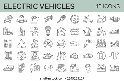 
Conjunto de 45 iconos de línea vectorial relacionados con coches eléctricos y transporte ecológico. Autobús eléctrico, camión, vehículo, auto, estación de carga, estacionamiento. Conjunto de iconos de trazo modificable de esquema.
