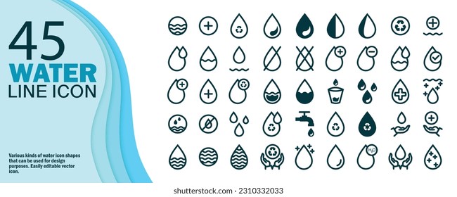 set 45 water icon collection. Editable vector pack of water line icons. A drop of water. vector