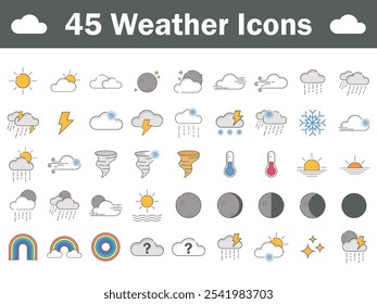 Set of 45 weather web application icons in line style. cartoon full color Weather , Clouds logo. Weather , clouds, sunny day, moon, snowflakes, wind, sun day, rainbow, night, storm Vector.