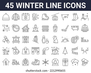 Set of 45 winter, christmas, new year line icons. Editable stroke. Outline collection