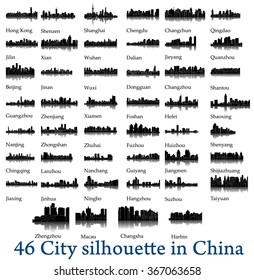 Set of 46 City silhouettes in China ( Hong Kong, Shenzhen, Shanghai, Beijing, Xian, Wuxi, Guangzhou Ningbo, Xiamen, Hangzhou, Suzhou, Shenyang, Fuzhou, Macau, Jiangmen, Foshan, Jinan, Hefei, Qingdao )