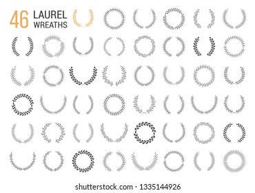 Set of 46 hand drawn laurel wreaths on white background, vector eps10 illustration