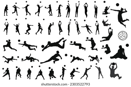 Set of 46 male volleyball players with and without disability. Cutout solid icons. Men volleyball player silhouettes vector illustration. Sitting volleyall