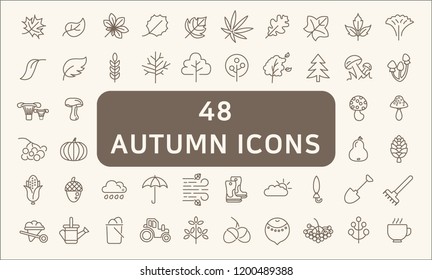 Set Of 48 Autumn Outline Icons.
Collection Of leaf, tree, mushroom And Other Elements.