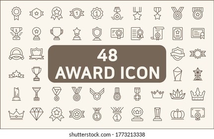 Set of 48  awards and prizes icon line style. Contains such Icons as winner, cups, medals, badges, trophy, best, top and more.