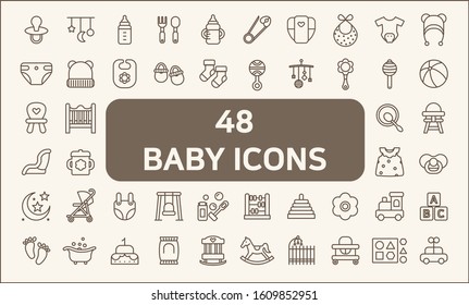 Set of 48 baby and kid Icons line style. 
Contains such Icons as toy, baby bottle, feeding bottle, diaper, nappy, mobile, clothing, socks and more.
customize color, stroke width control , easy resize.