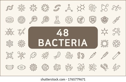 Set of 48 bacteria and virus icon line style. Contains such Icons as germ, bacillus, instruction, medicine, healthcare, vaccination, antivirus, chemistry, hospital, flu and more.