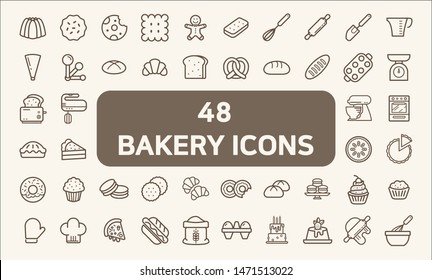 Set von 48 Bäckereien und Dessert Icons Linie Stil. 
Enthält Symbole wie Cookies, Pudding, Ofen, Küchenwerkzeuge, Donuts, Brot, Makarone, Muffin und andere Elemente. 
Farbe anpassen, leicht skalieren.