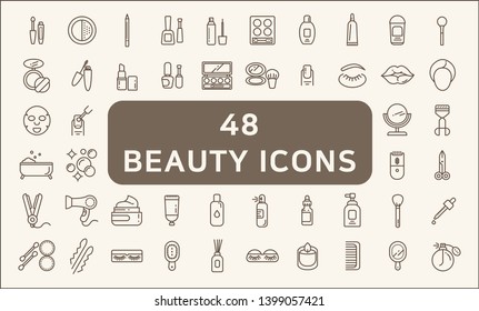 Set of 48 beauty and cosmetic Icons line style.  Contains such Icons as makeup, perfume, hand mirror, comb, candle, eye patch, flavored oil, hairbrush and more.  Customizable color, easily resized.