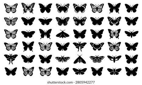 Set of 48 black butterfly and moth silhouette icons on white background. Collection features various wing shapes, detailed patterns, and solid vector outlines of lepidoptera insects for design.