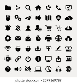 Set of 48 black icons: technology, communication, security. Includes symbols for Wi-Fi, email, download, cloud, AI, and more. Perfect for tech designs. User interface icon vector set.