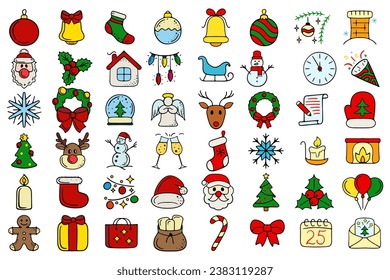 Set of 48 christmas icons. Decoration, decorate, xmas, snow, snowflake, santa, deer, new year, eve, december 25, winter, holiday atmosphere, celebrate, family celebration, traditions