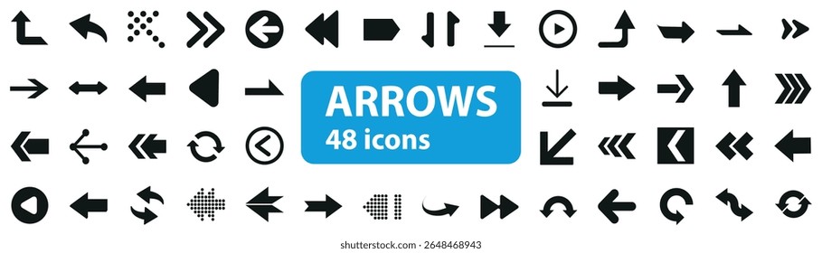 Set of 48 clean and simple arrow icons in various directions and styles. Ideal for enhancing navigation, user interfaces, and digital designs with minimalist arrow graphics.