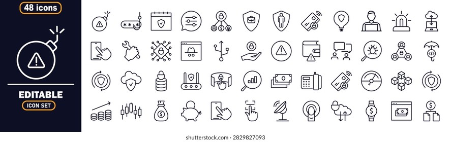 Set of 48 cyber security and internet privacy outline icons for digital protection and web safety