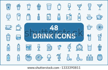 Set of 48 drink and beverage Related Vector Icons.solid style.  
Contains such Icons as coffee, ice coffee, wine, beer, juice, milk, oak barrel, caffe mocha, tea, water, soda and more. 