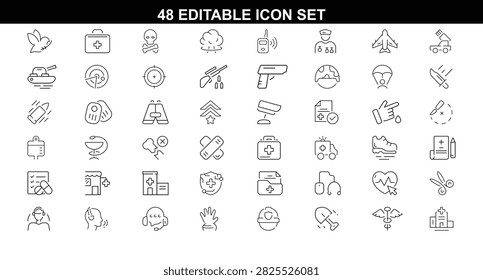 Set of 48 editable outline icons featuring medical healthcare military tactical and emergency service symbols