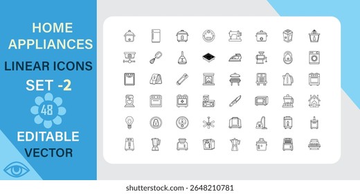 Set of 48 editable vector linear icons depicting various home appliances and household items. Perfect for UI design or web projects.