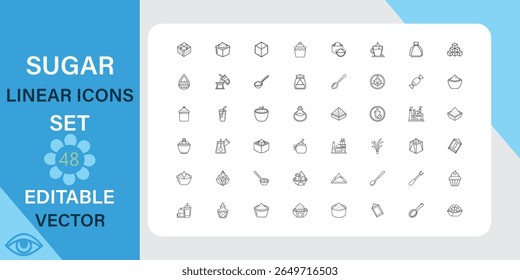 Set of 48 editable vector linear icons related to sugar, sweets, and related industry. Includes various symbols and designs.