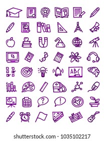 
Set of 48 Education hand drawn purple icons drawn with a felt-tip pen