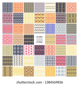 Set of 48 ethnic seamless patterns. Tribal geometric background. Stylish trendy fabric. Modern abstract wallpaper. Vector illustration.
