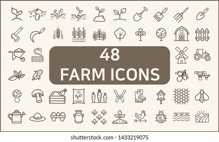 Set of 48 farm and agriculture Icons line style. 
Contains such Icons as plant, animal, garden, corn, gardening tools, organic, nature And Other Elements. 
customize color, stroke width control 