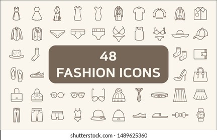 
Set of 48 fashion and clothes Icons line style. 
Contains such Icons as dress, wear, apparel, clothing, bag, glasses, pants, underwear And Other Elements. 
customize color, easy resize.