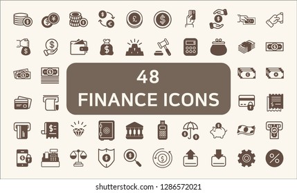 Set of 48 Finance and Money Related Vector Icons. Solid style icon set .
Contains such Icons as money, bank, credit card, wallet, cash, safe, budget, piggy bank, loan, payment and more.