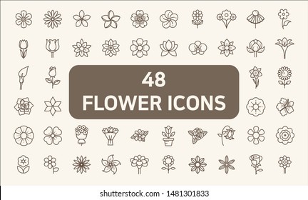 Set of 48 flower and Botanical Icons line style. 
Contains such Icons as floral, nature, bouquets, flowers, bloom, flowerpot, botanicals, rose And Other Elements. 
customize color, easy resize.