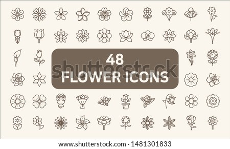 Set of 48 flower and Botanical Icons line style. 
Contains such Icons as floral, nature, bouquets, flowers, bloom, flowerpot, botanicals, rose And Other Elements. 
customize color, easy resize.