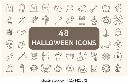 Set Of 48 Halloween Outline Icons.
Collection Of bats, trick or treat, witches And Other Elements.
Halloween Icon Pack